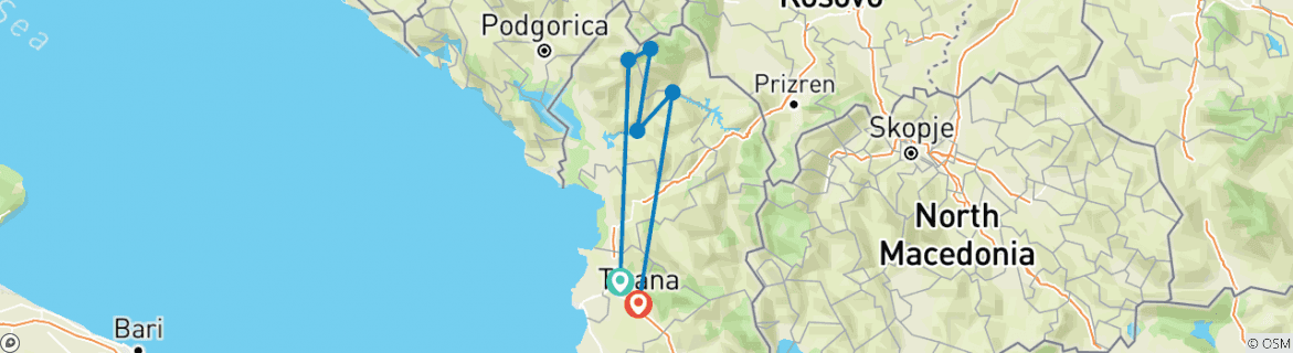 Image of a map showing the route of the tour