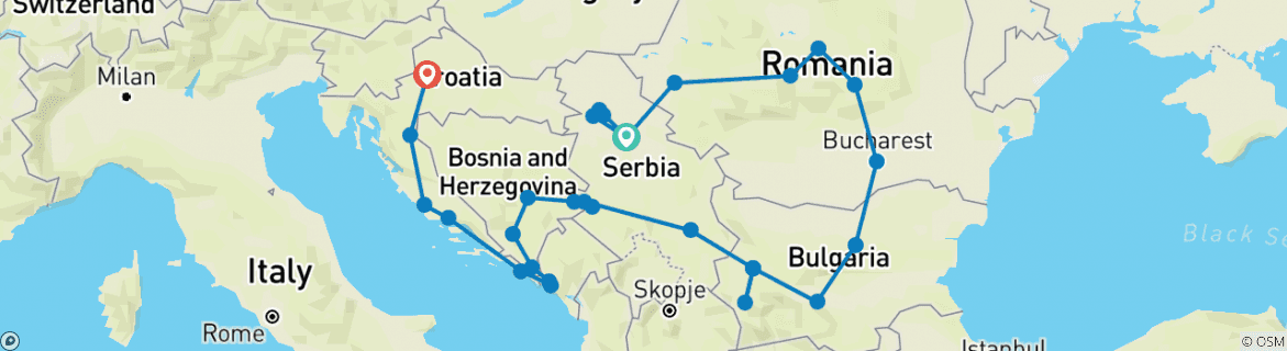 Image of a map showing the route of the tour