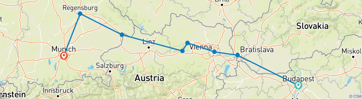 Image of a map showing the route of the tour