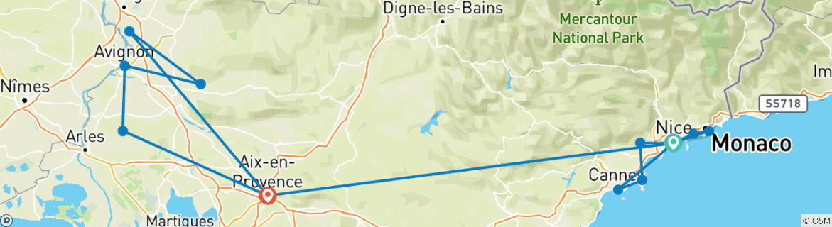 Image of a map showing the route of the tour