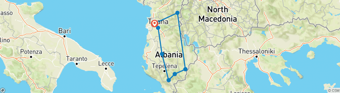 Image of a map showing the route of the tour