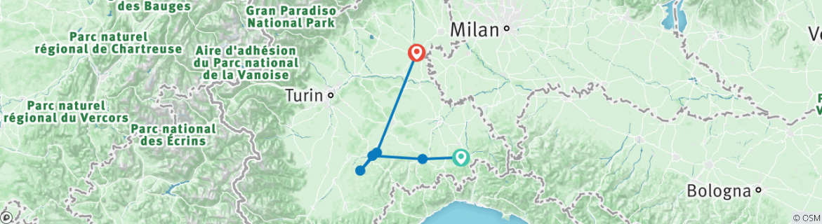 Image of a map showing the route of the tour