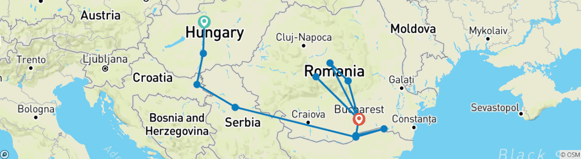 Image of a map showing the route of the tour