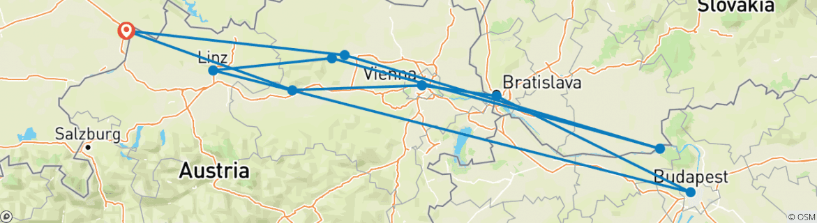 Image of a map showing the route of the tour