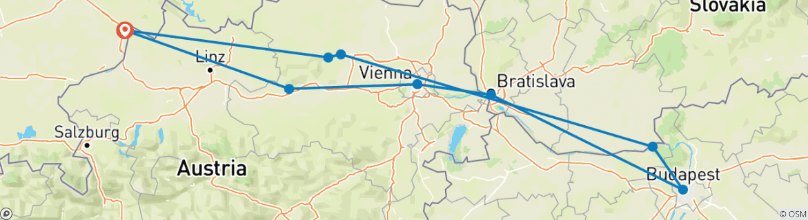 Image of a map showing the route of the tour