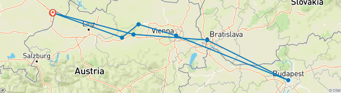 Image of a map showing the route of the tour