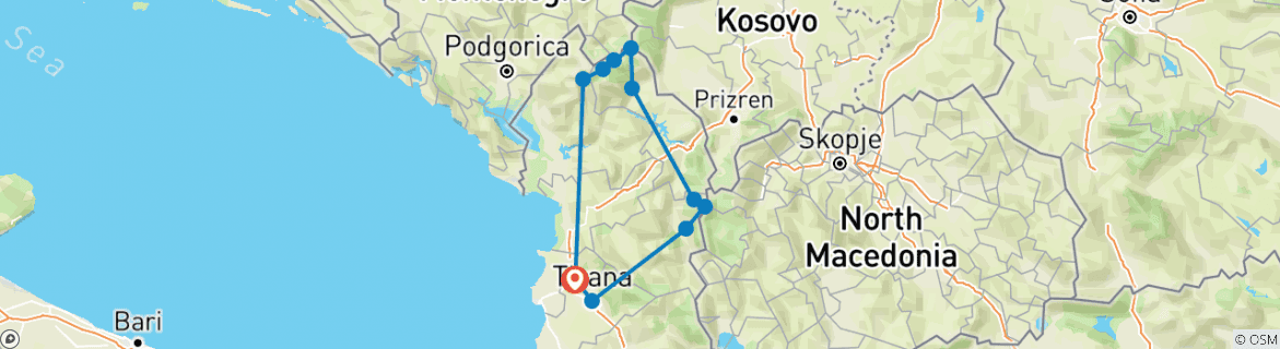 Image of a map showing the route of the tour