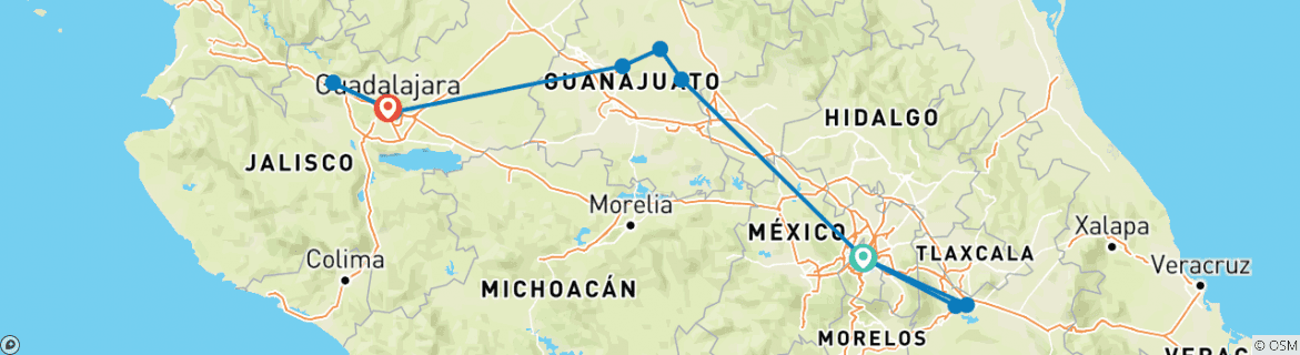 Image of a map showing the route of the tour