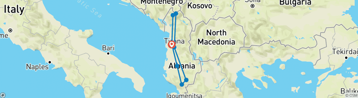 Image of a map showing the route of the tour