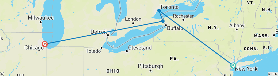 Image of a map showing the route of the tour