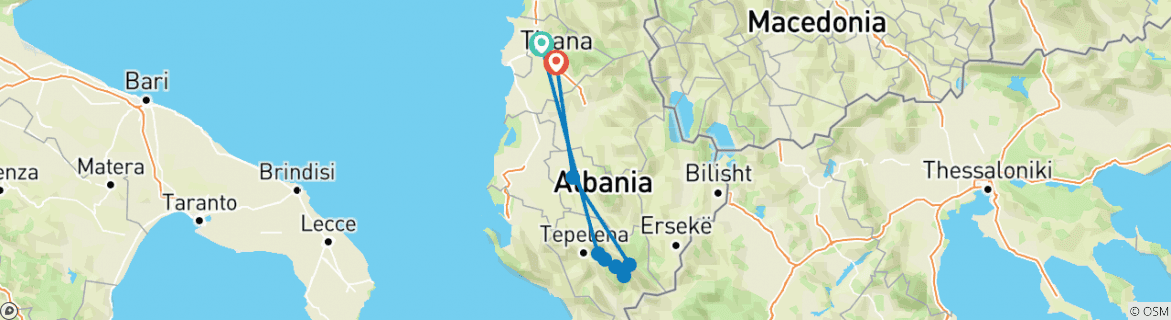 Image of a map showing the route of the tour