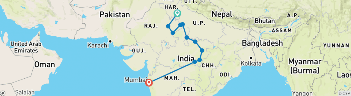 Image of a map showing the route of the tour