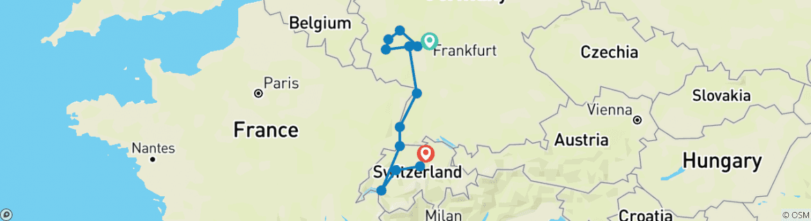 Image of a map showing the route of the tour