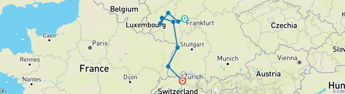 Image of a map showing the route of the tour