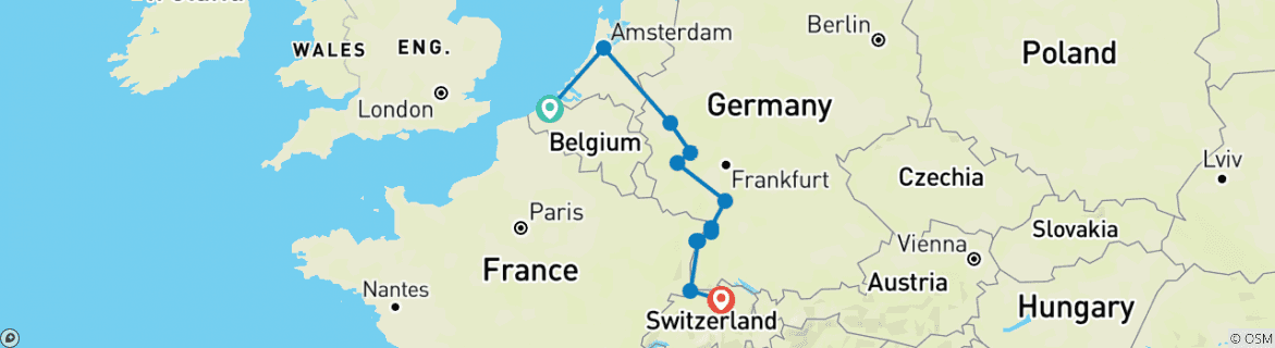 Image of a map showing the route of the tour