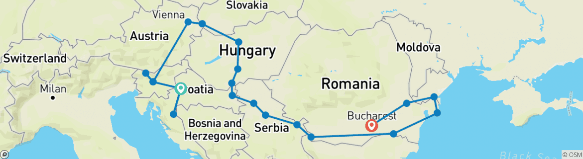 Image of a map showing the route of the tour