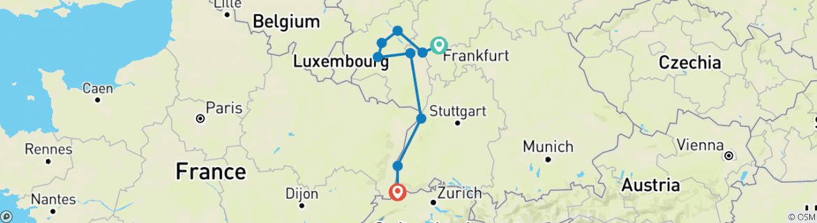 Image of a map showing the route of the tour