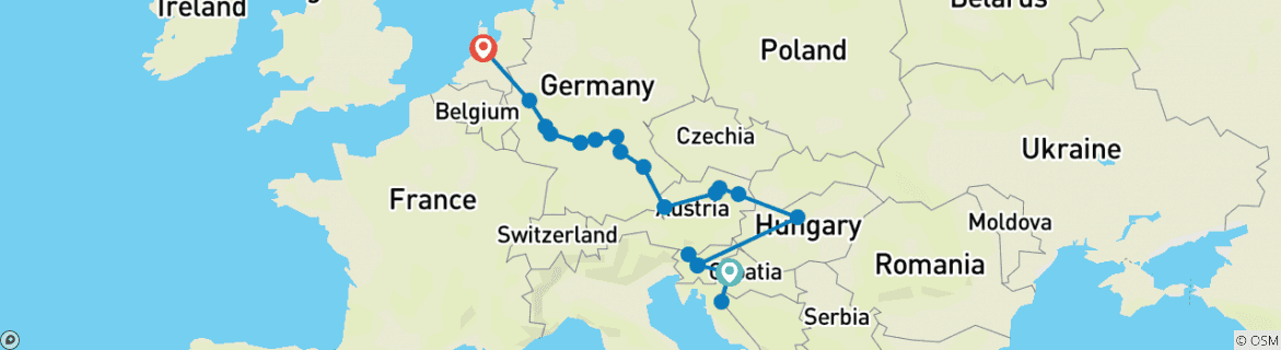 Image of a map showing the route of the tour