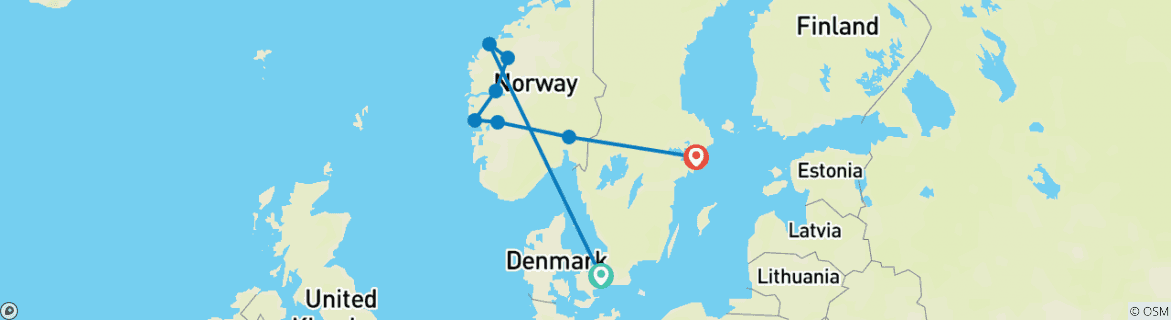 Image of a map showing the route of the tour