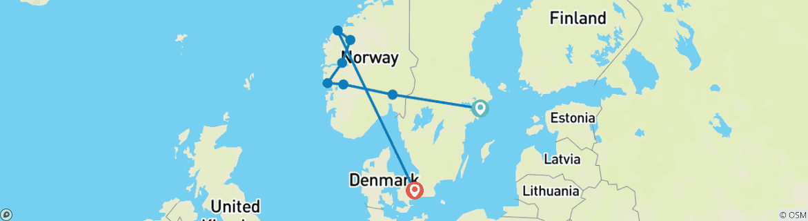 Image of a map showing the route of the tour