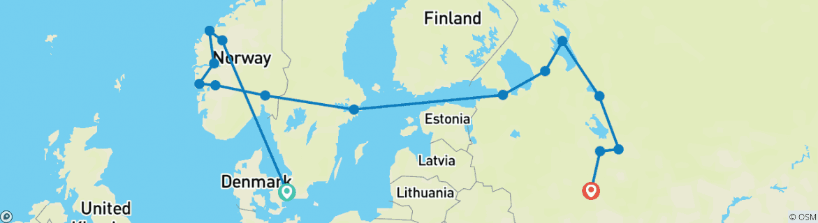 Image of a map showing the route of the tour