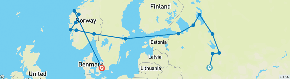 Image of a map showing the route of the tour