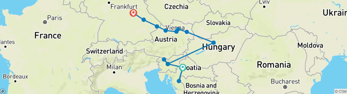 Image of a map showing the route of the tour