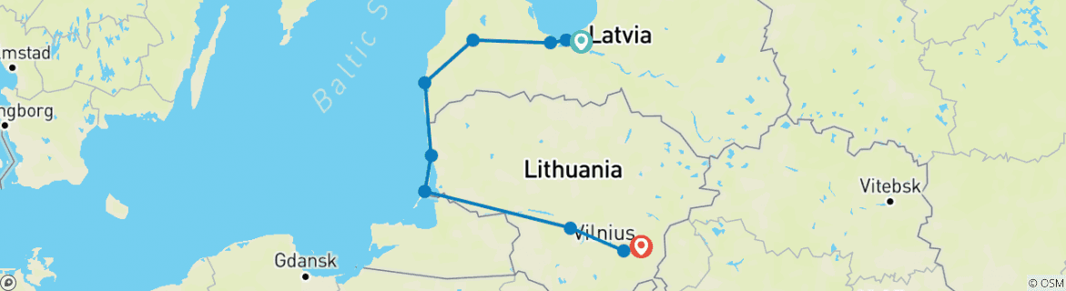 Image of a map showing the route of the tour