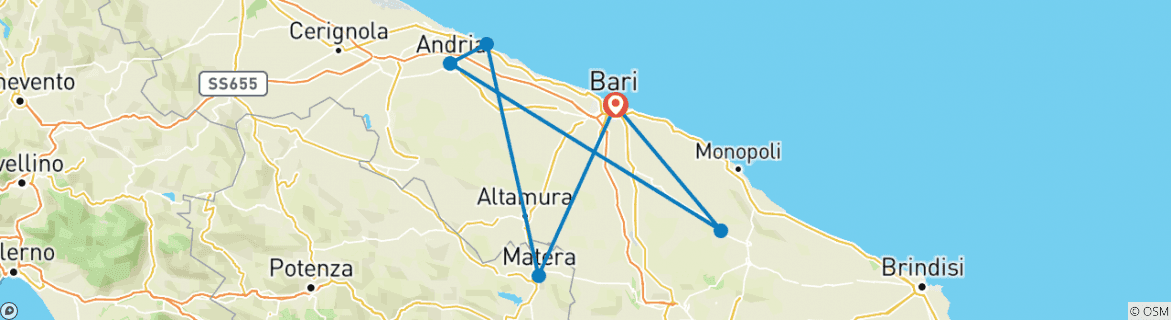 Image of a map showing the route of the tour