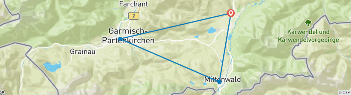 Image of a map showing the route of the tour