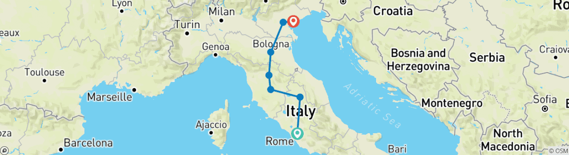 Image of a map showing the route of the tour