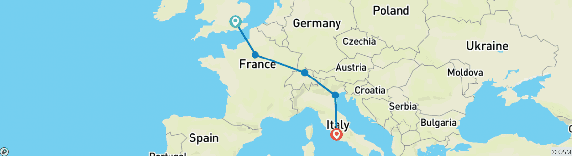 Image of a map showing the route of the tour