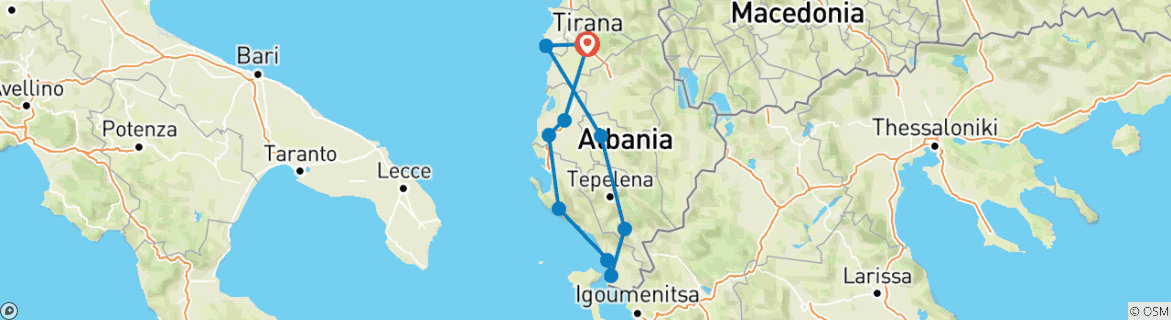 Image of a map showing the route of the tour