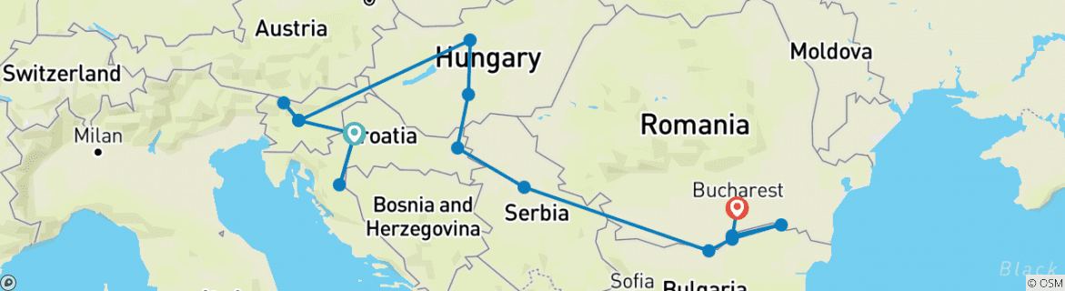Image of a map showing the route of the tour