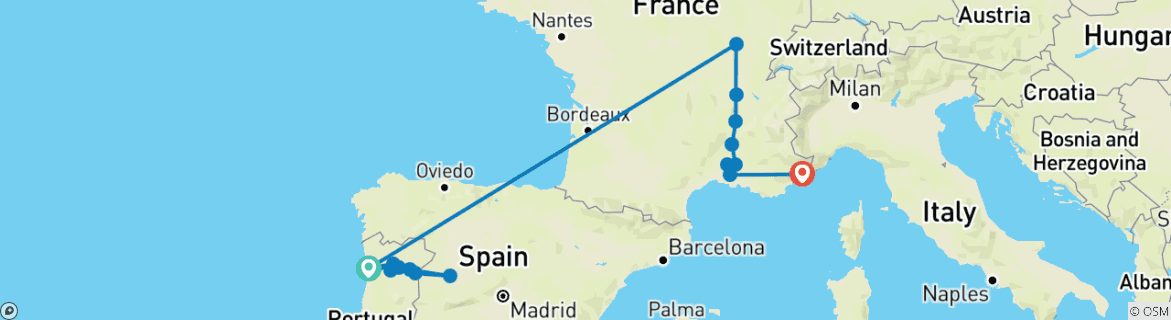 Image of a map showing the route of the tour