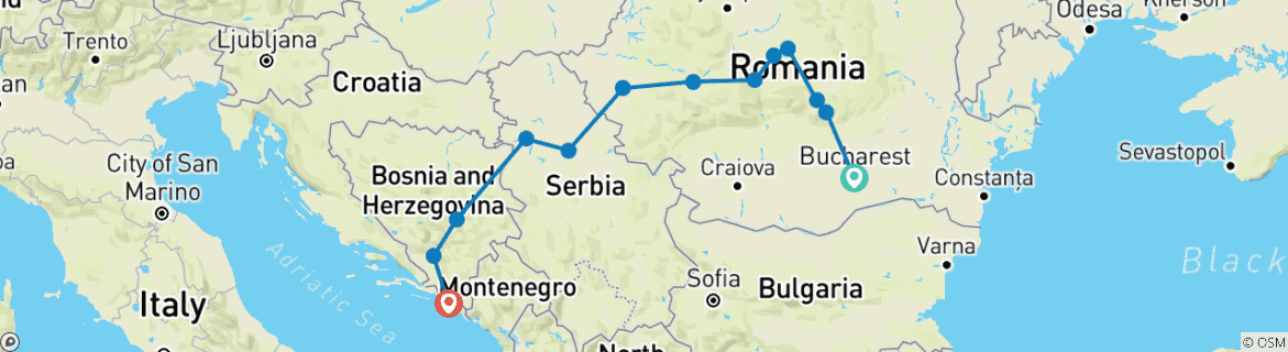 Image of a map showing the route of the tour