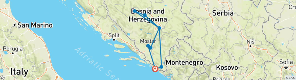 Image of a map showing the route of the tour