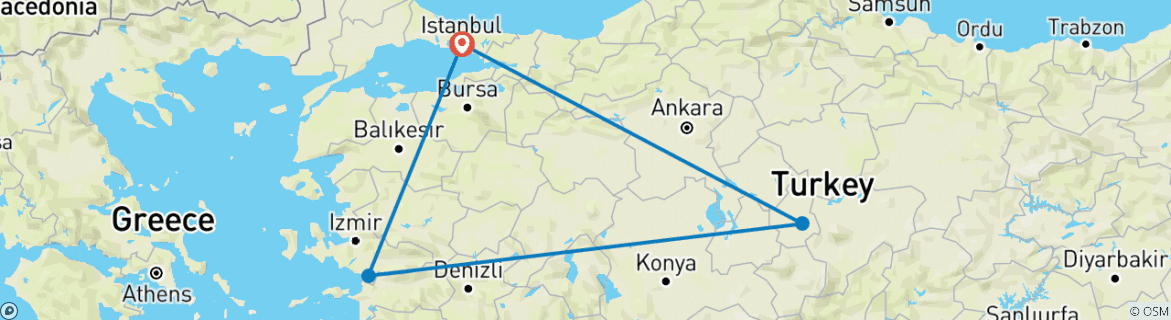 Image of a map showing the route of the tour