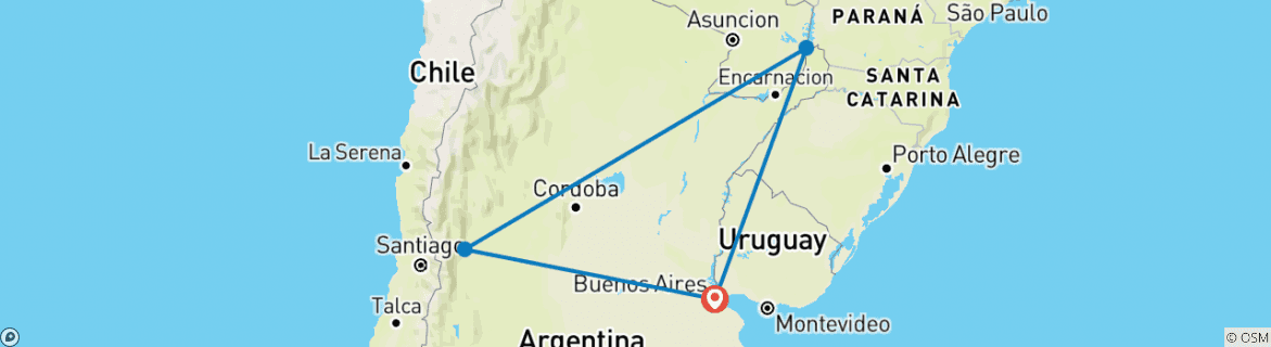 Image of a map showing the route of the tour