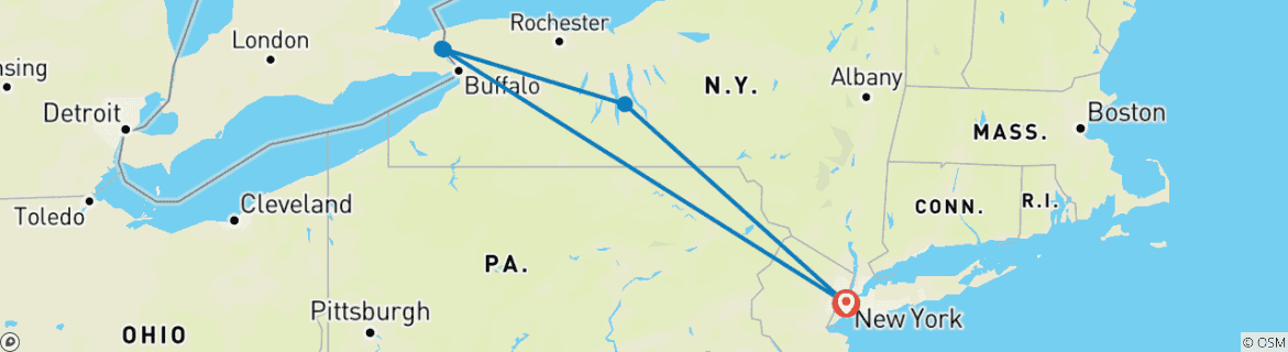 Image of a map showing the route of the tour