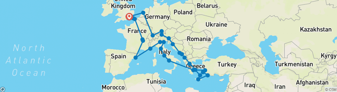 Image of a map showing the route of the tour