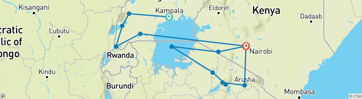 Image of a map showing the route of the tour