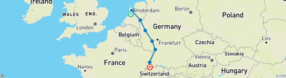 Image of a map showing the route of the tour