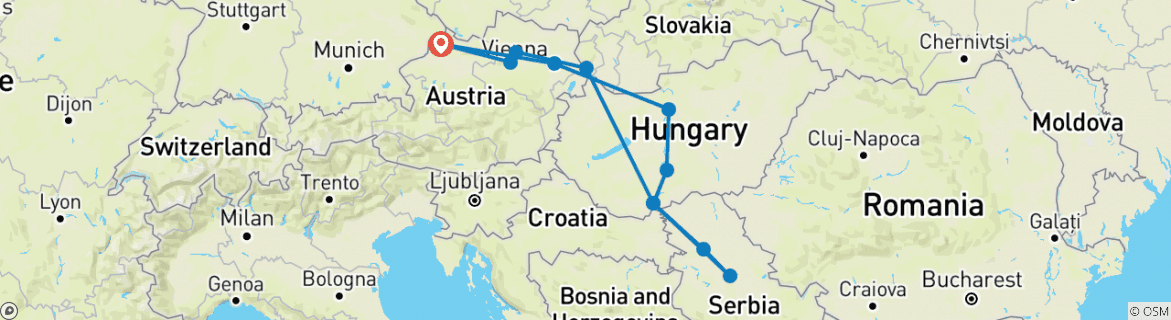 Image of a map showing the route of the tour
