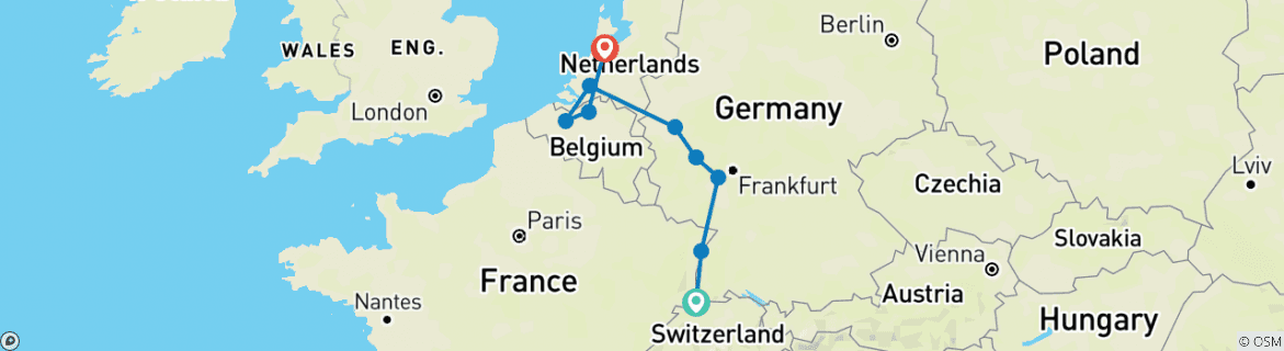 Image of a map showing the route of the tour