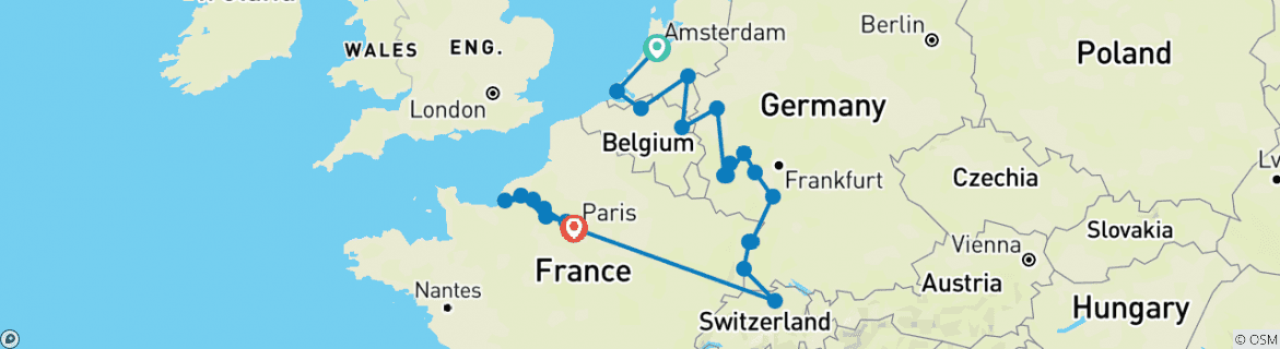 Image of a map showing the route of the tour