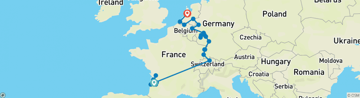 Image of a map showing the route of the tour