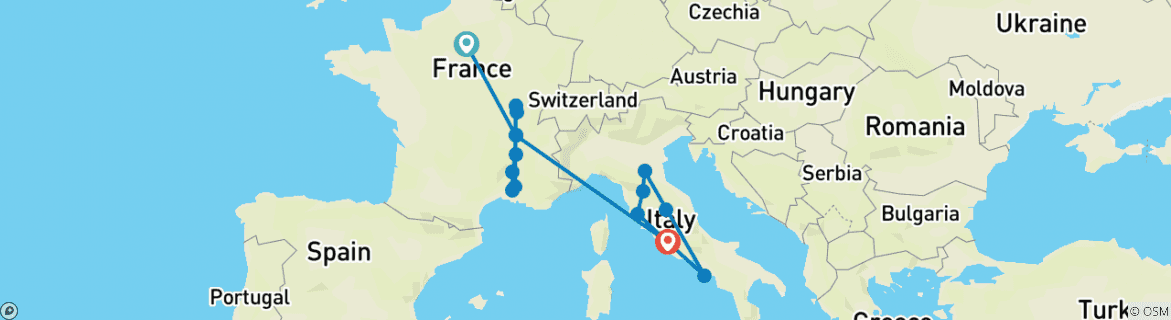Image of a map showing the route of the tour