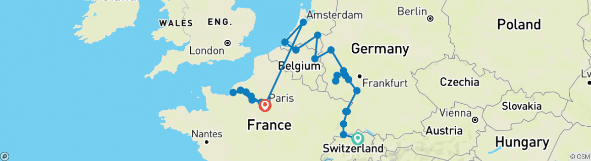 Image of a map showing the route of the tour
