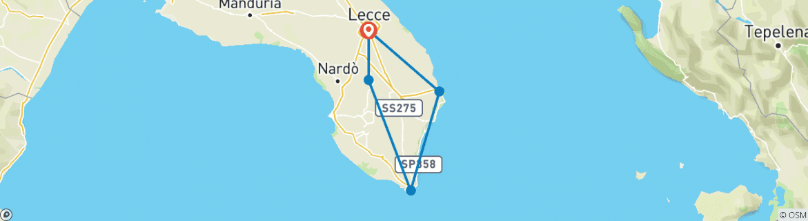 Image of a map showing the route of the tour